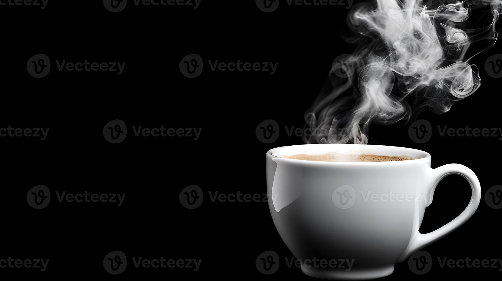 steaming coffee cup against black background, exuding warmth and comfort. Perfect for coffee lovers and cozy moments photo
