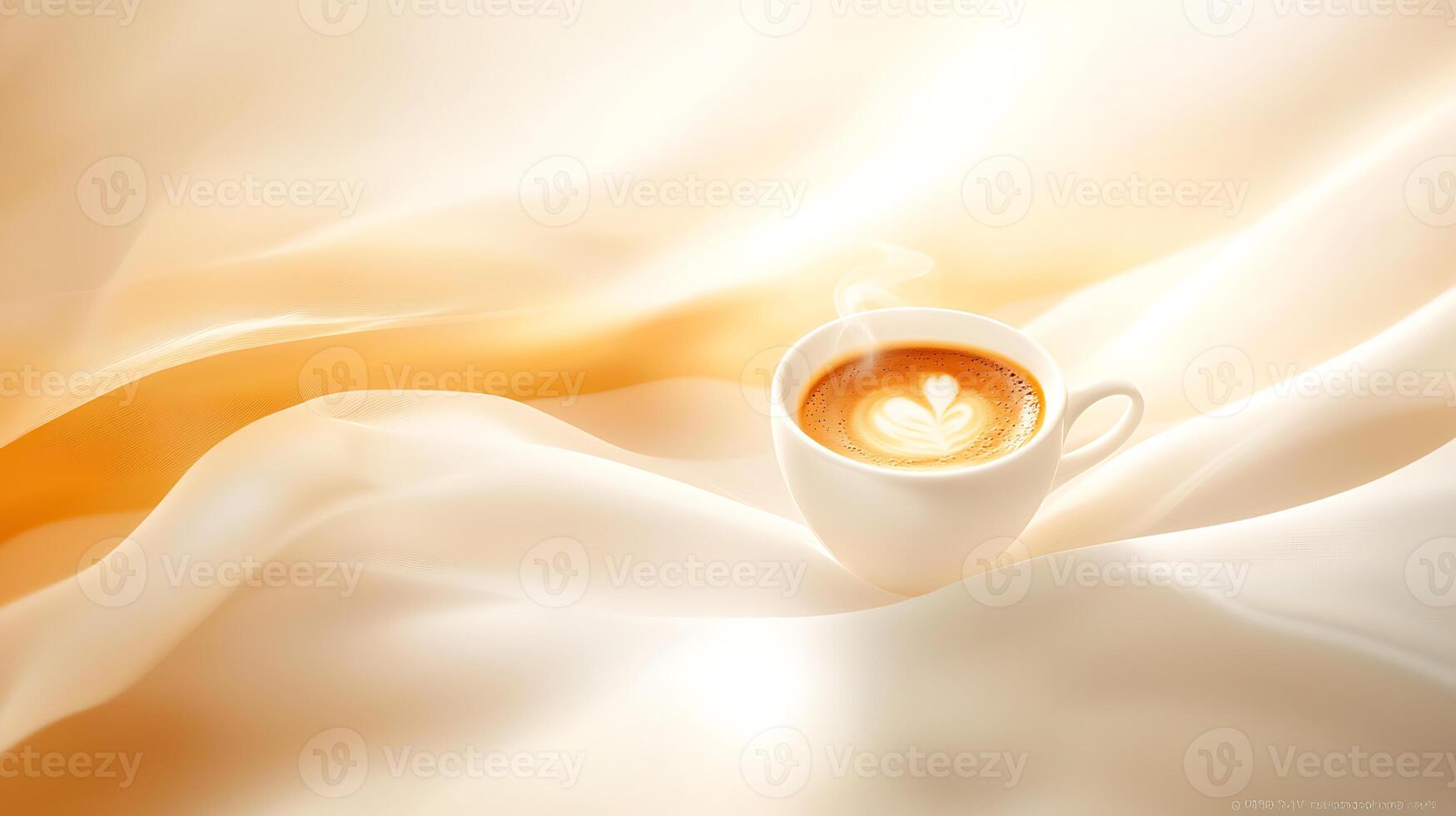 steaming coffee cup sits elegantly on soft, flowing fabric, creating warm and inviting atmosphere. heart shaped latte art adds touch of creativity and love photo