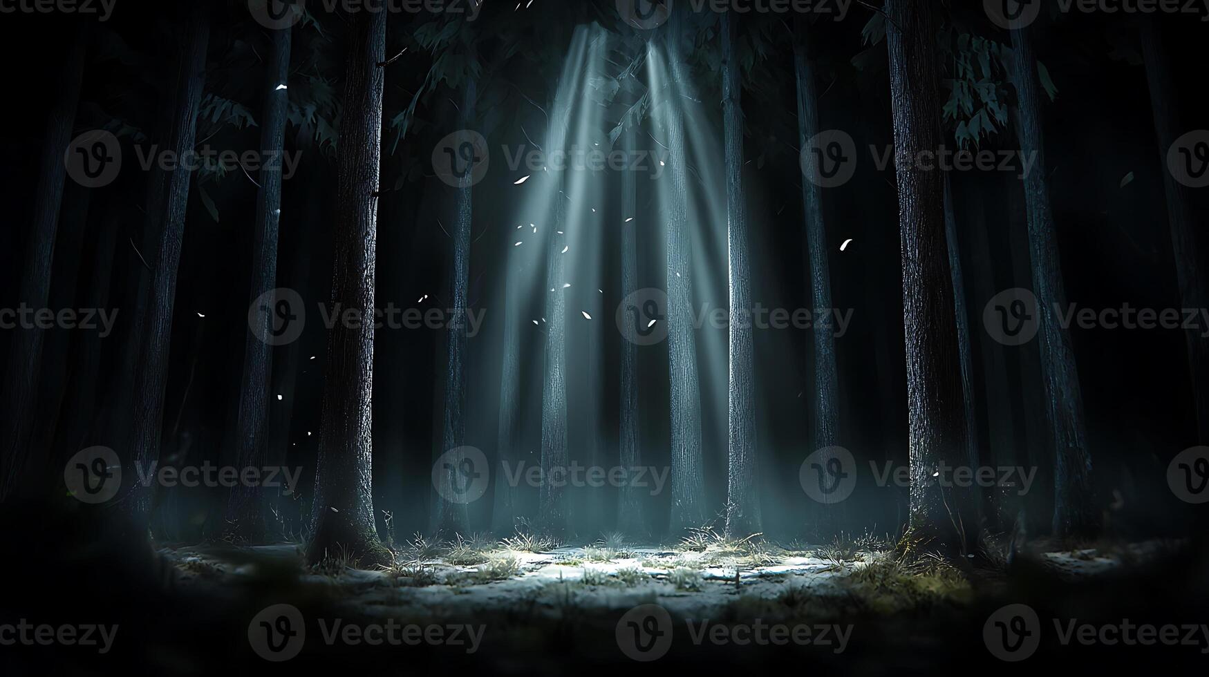 moody forest scene with beams of light filtering through tall trees, creating ethereal atmosphere. ground is covered in mist and scattered leaves, enhancing mystical feel photo