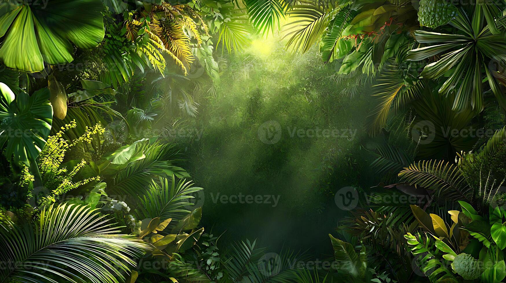 lush, vibrant rainforest filled with dense foliage and sunlight filtering through leaves, creating serene atmosphere photo