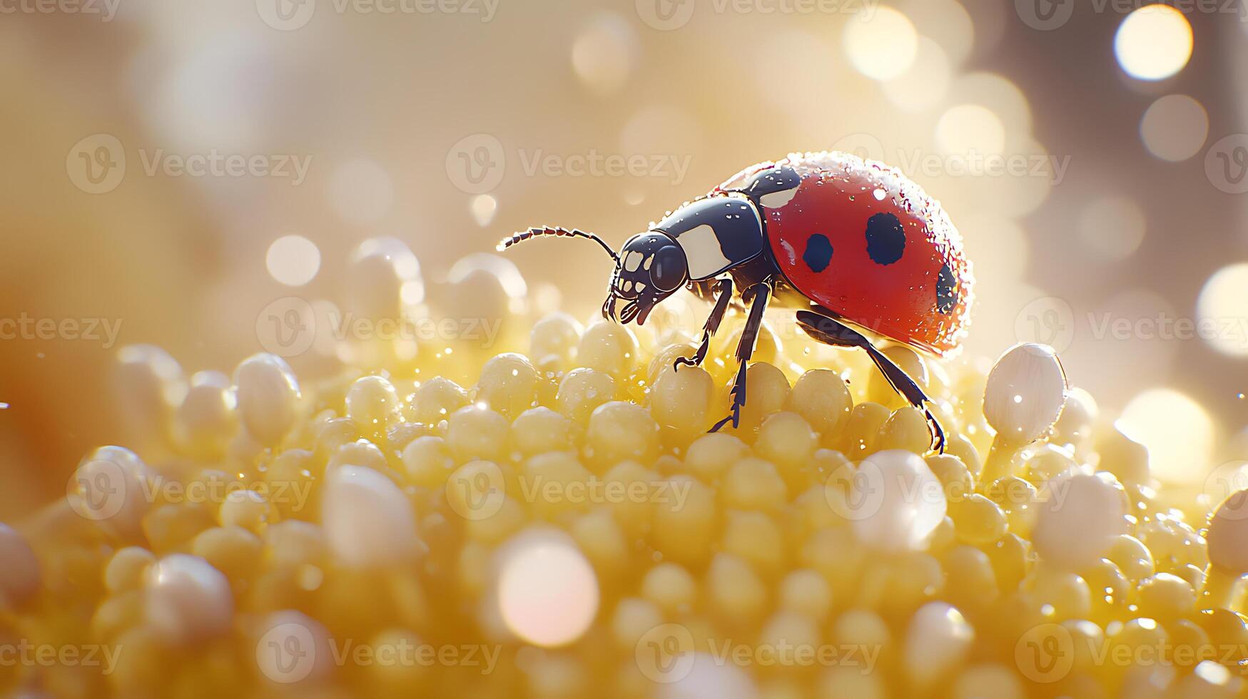 macro photo of ladybug crawling on yellow flower, showcasing vibrant colors and intricate details. soft bokeh background enhances beauty of this tiny creature
