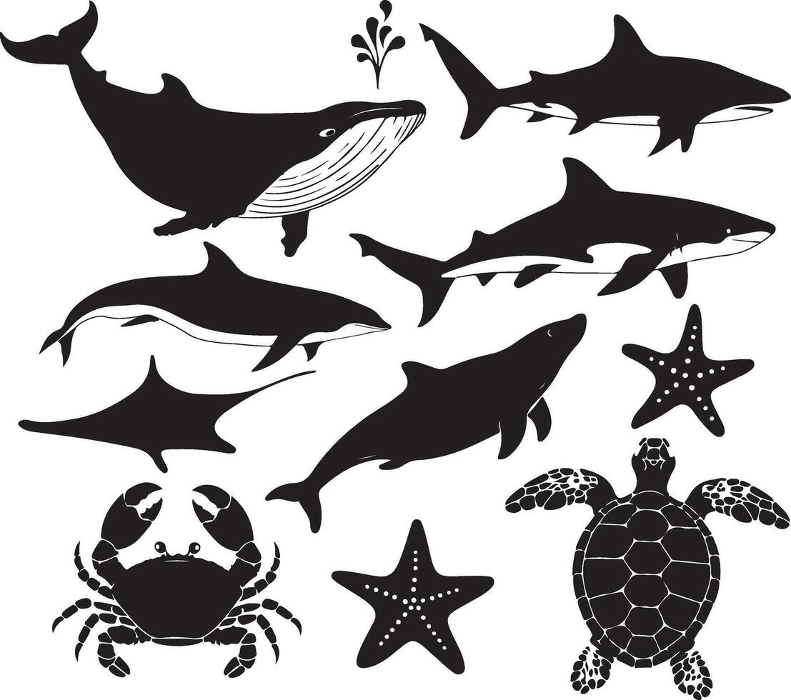 ocean animals silhouette set vector