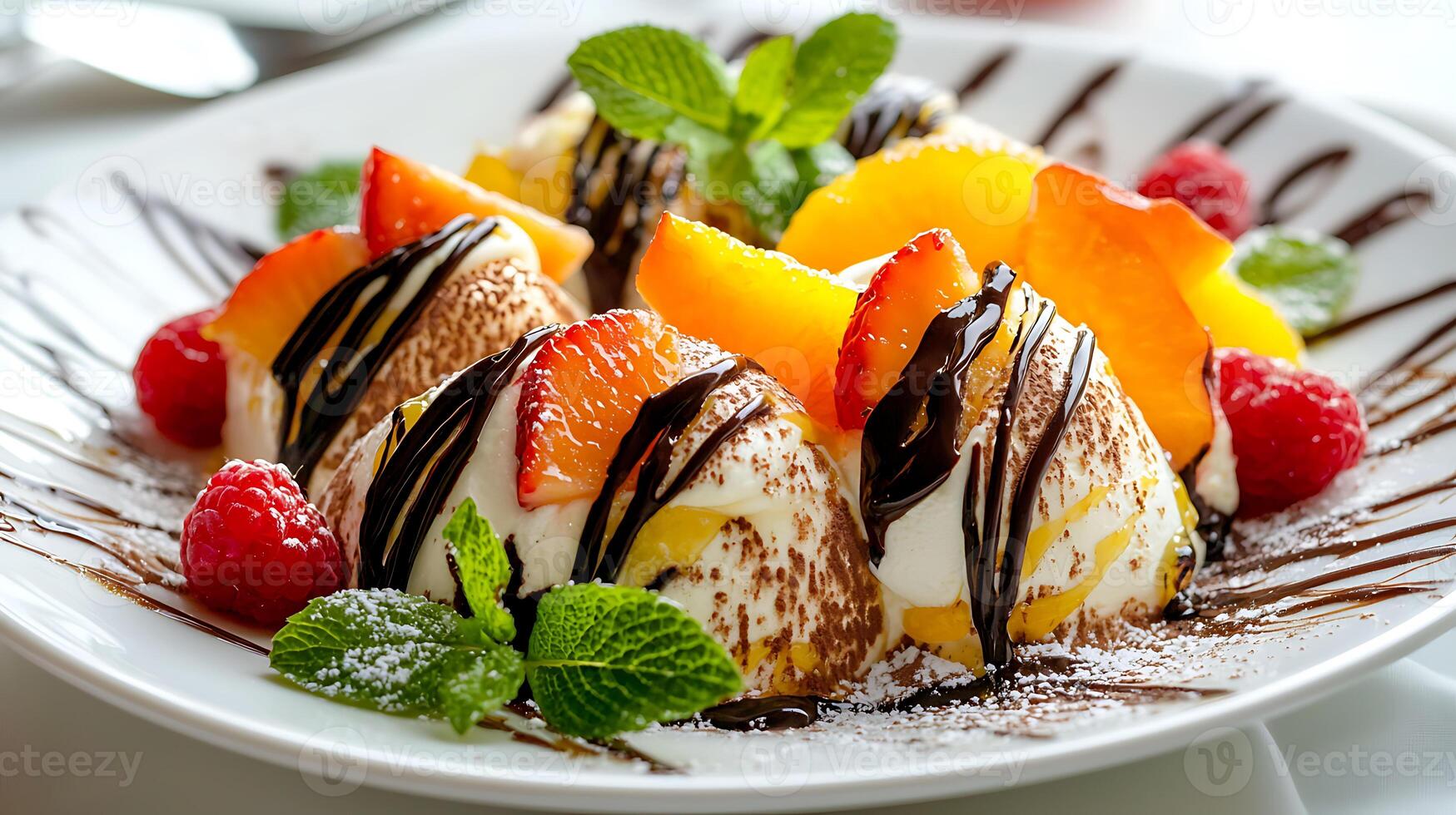 Gourmet dessert plate featuring chocolate drizzled ice cream, fresh fruits, and mint leaves, creating delightful and colorful presentation photo