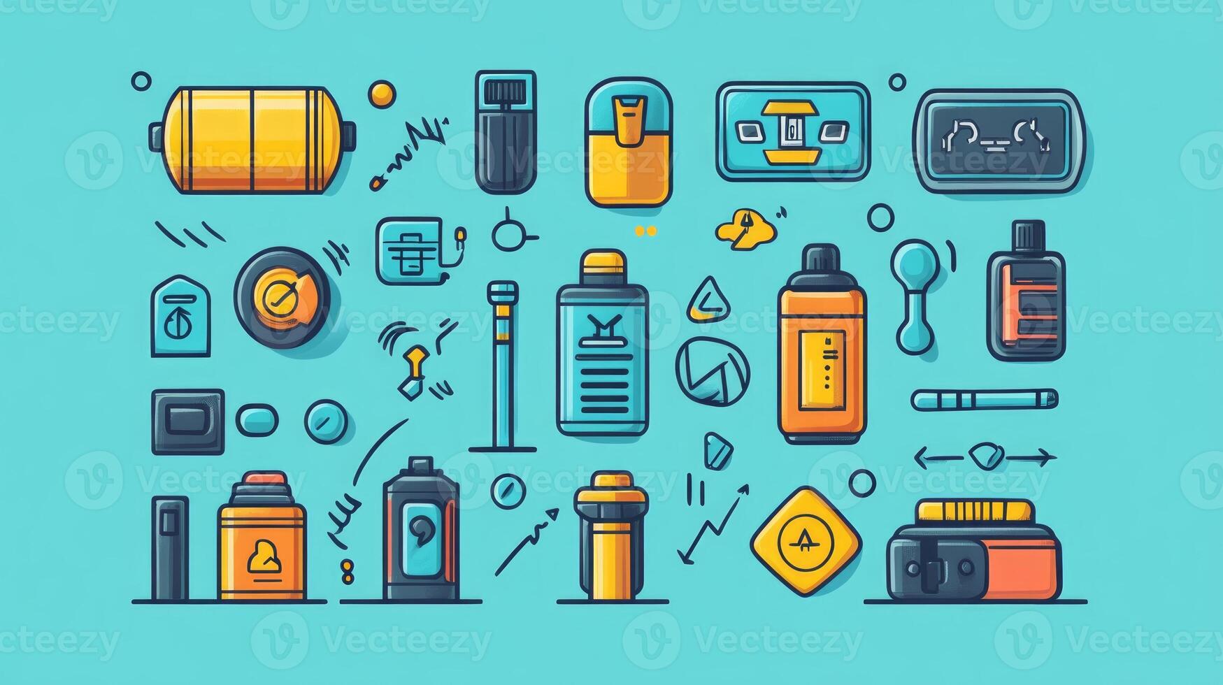 A collection of different types of items, including a bottle of water, a bottle of shampoo, photo