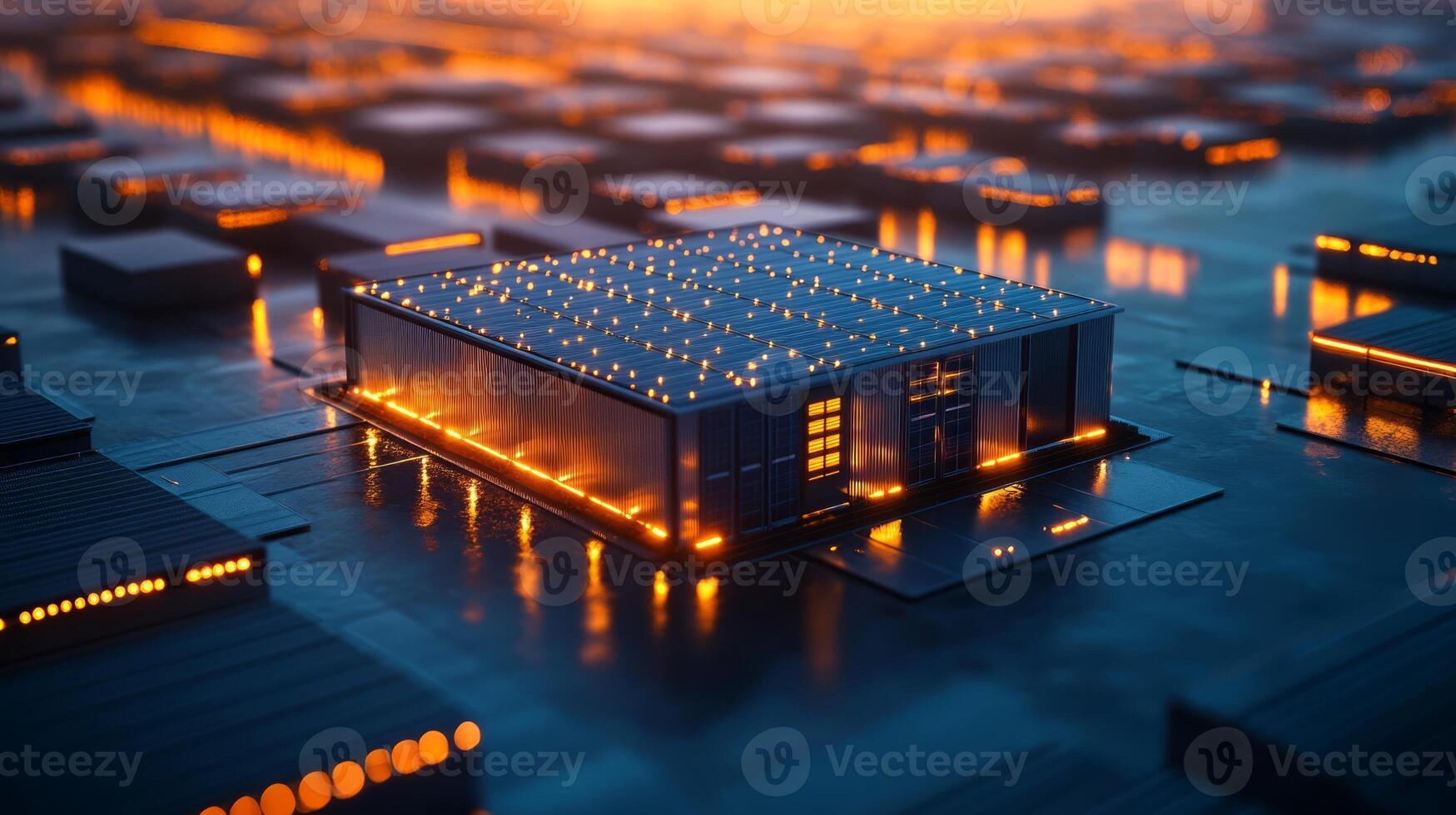 A small building with lights on it in the middle of a city photo