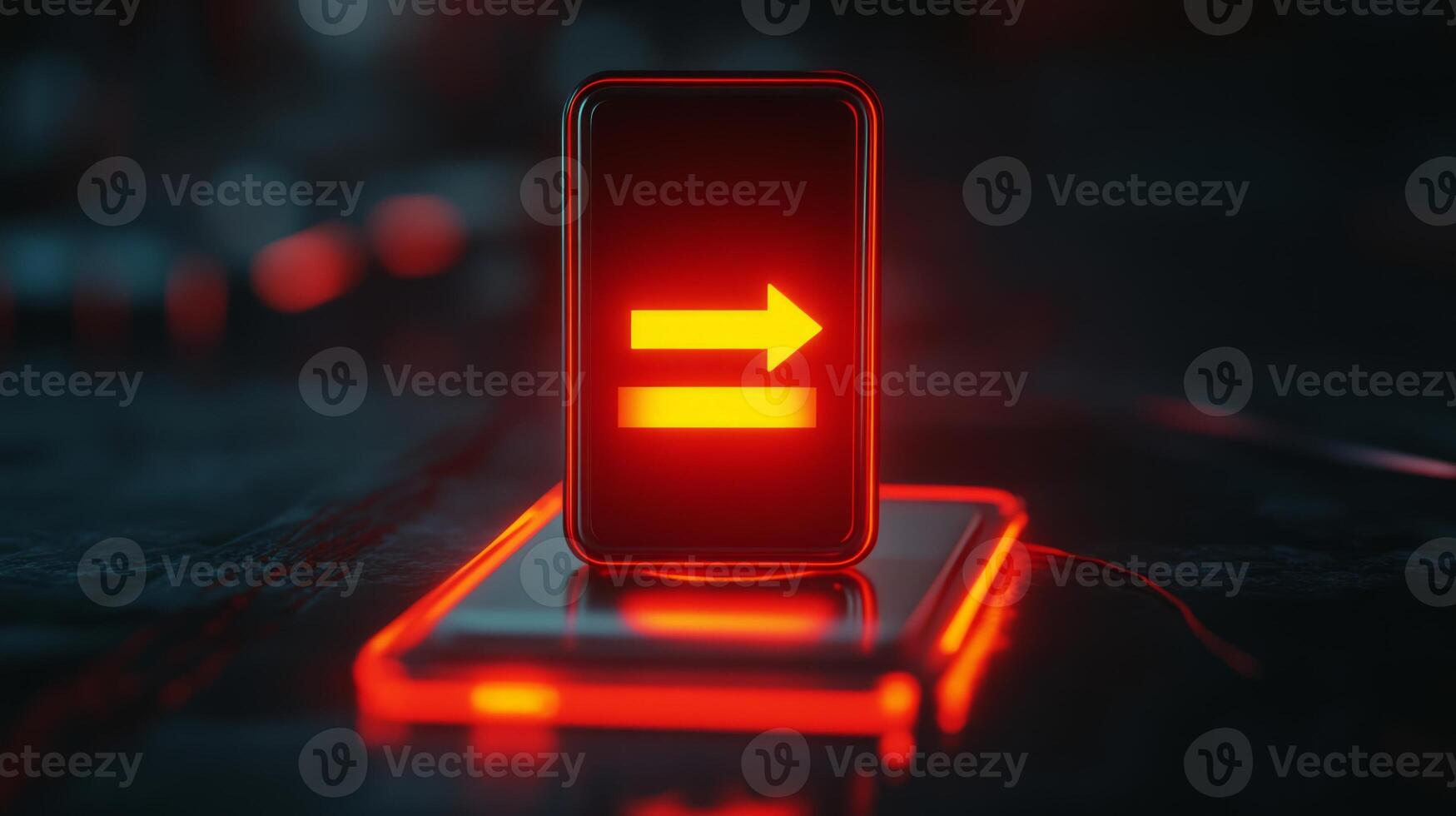 A glowing red phone with an arrow pointing to the right photo
