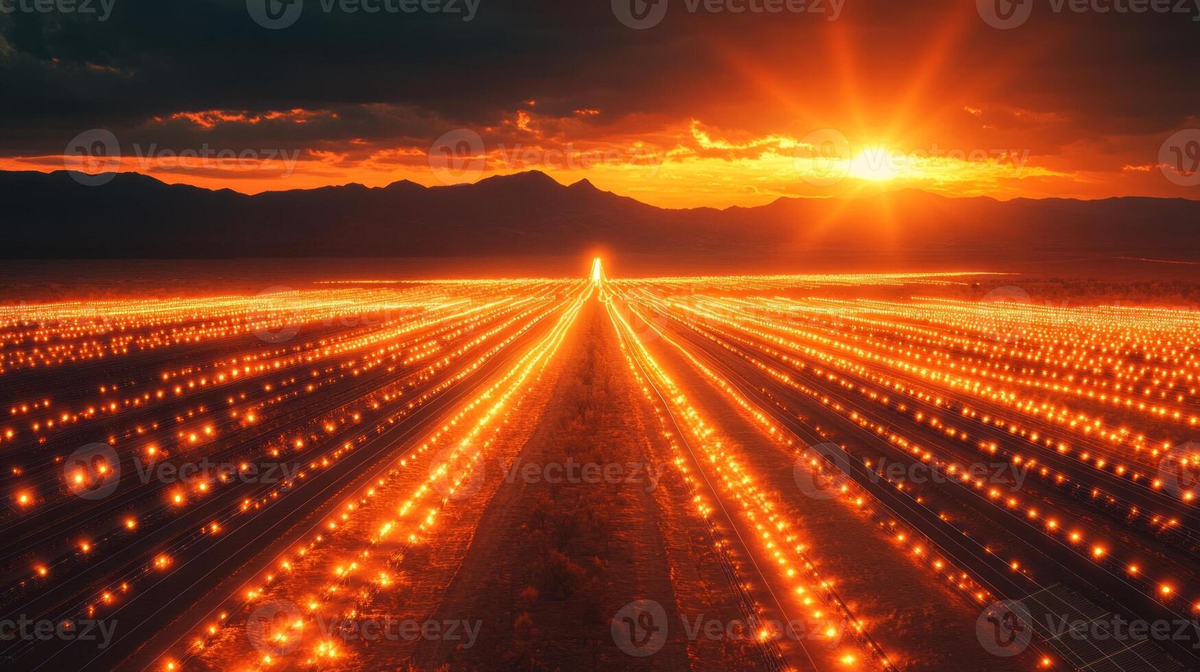 A solar farm with lights shining in the sky photo