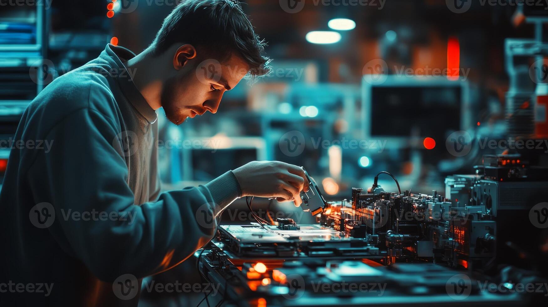 A man working on a computer in a factory photo