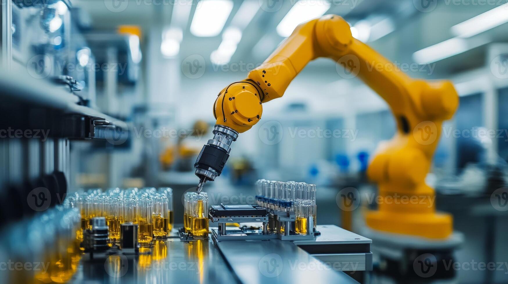 A robotic arm is working on a machine in a factory photo