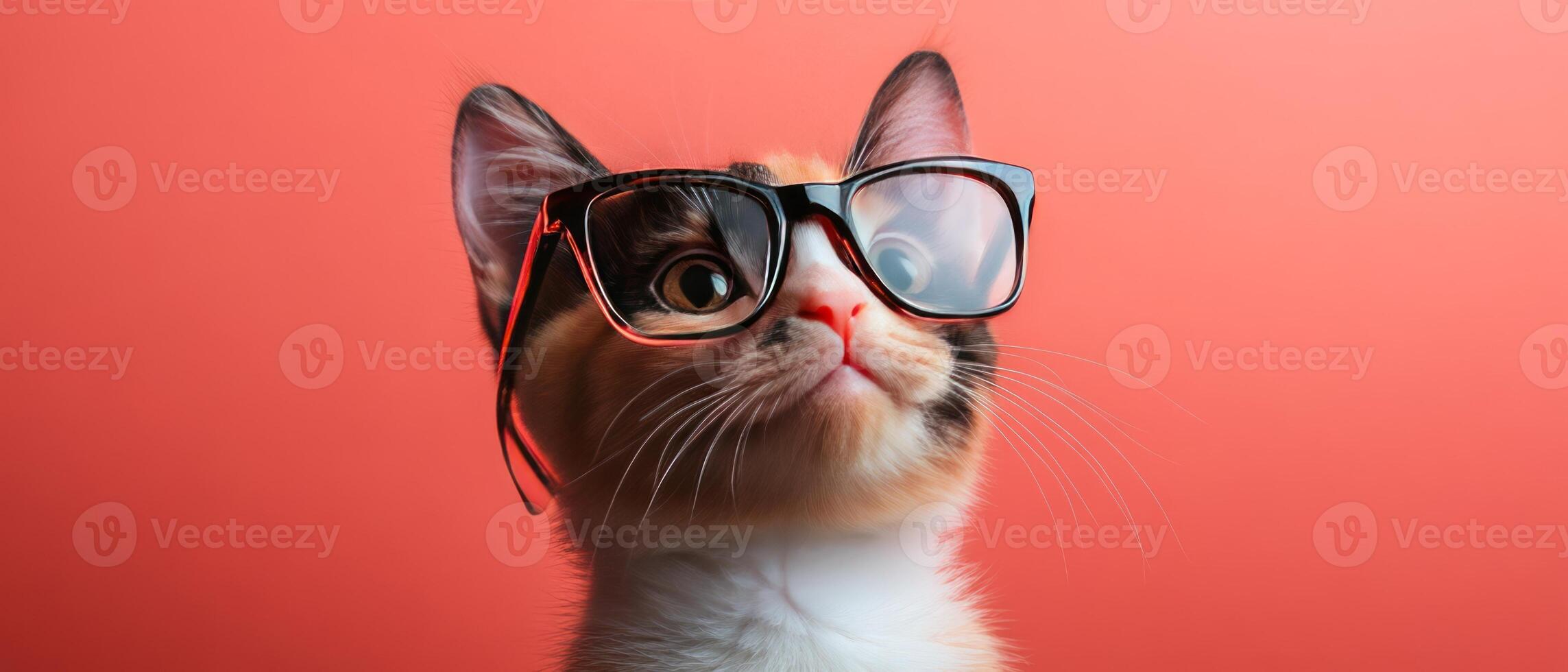 A cat wearing glasses on a red background photo