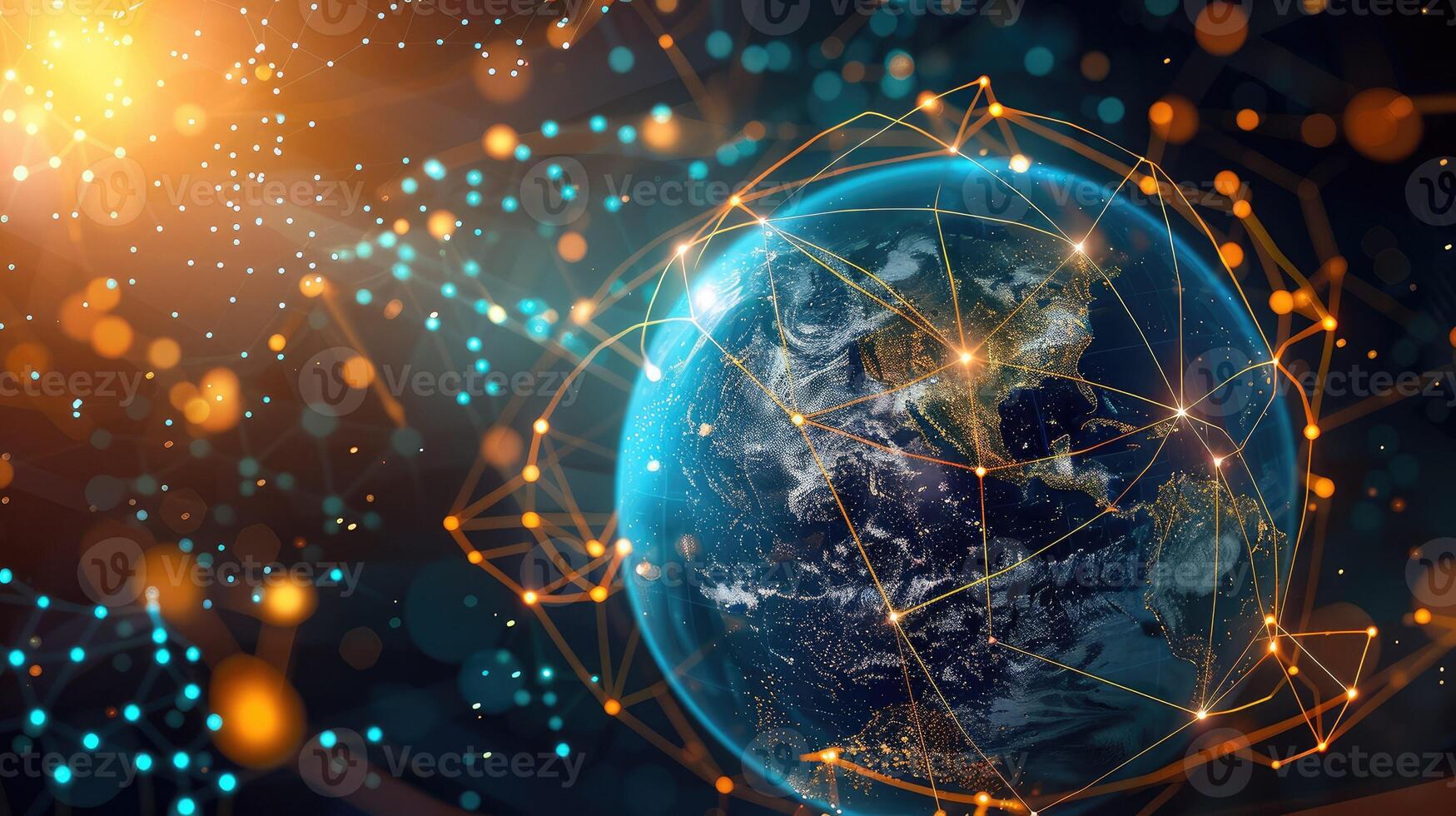 The earth is surrounded by network lines and dots photo