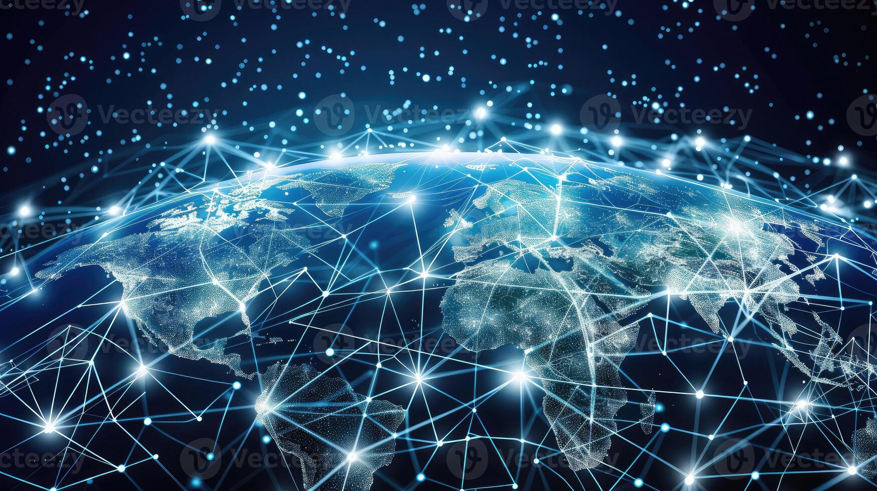 The world is connected by network lines and dots, with a globe in the center photo