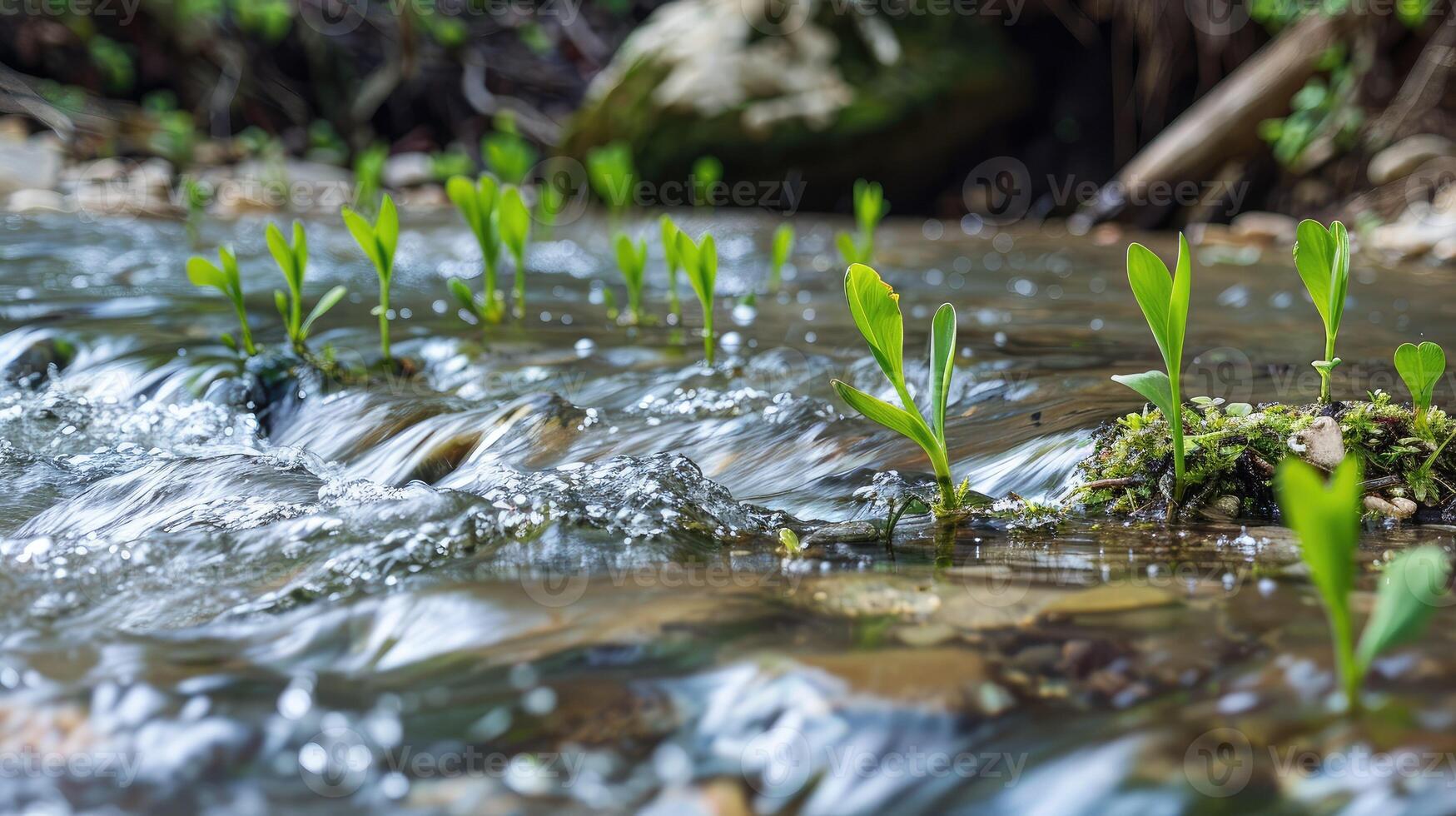 A stream of water is flowing over some plants photo
