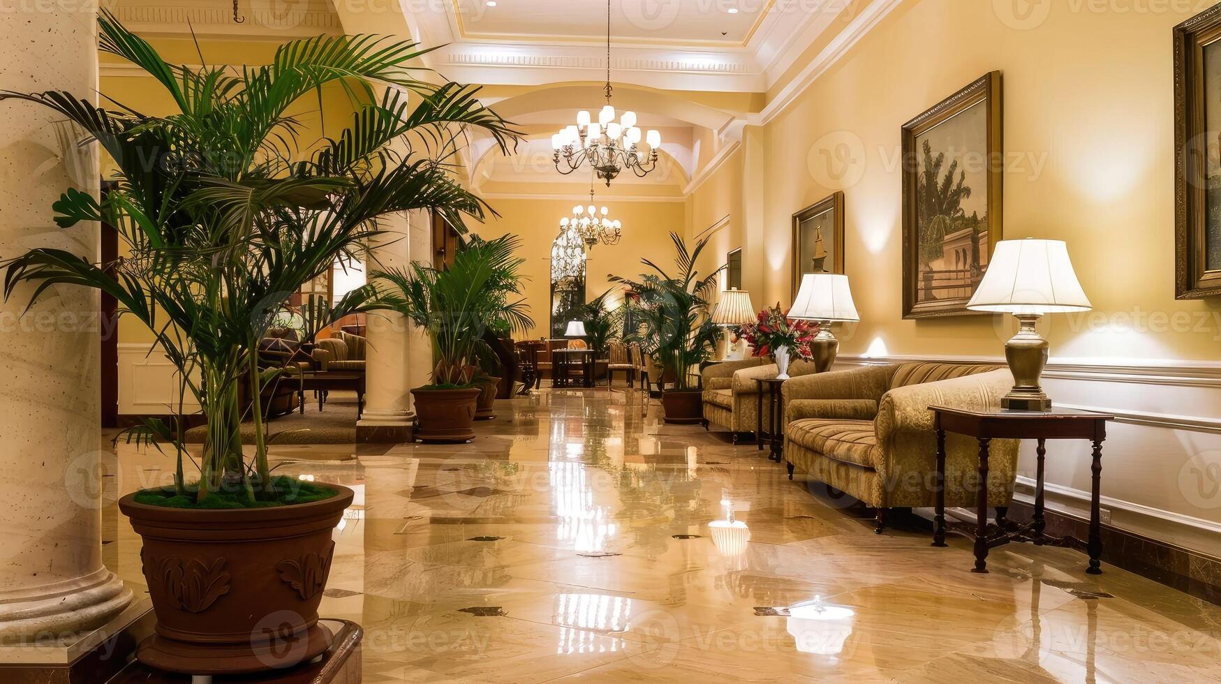The lobby of a hotel with a large chandelier and a lot of plants photo