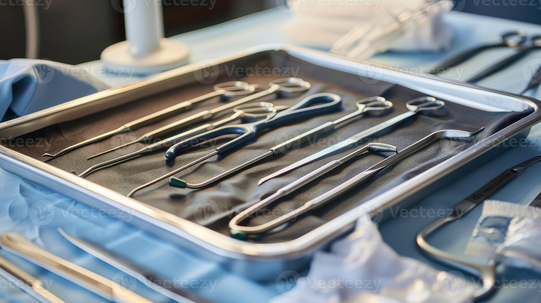 A tray with surgical tools on a table photo