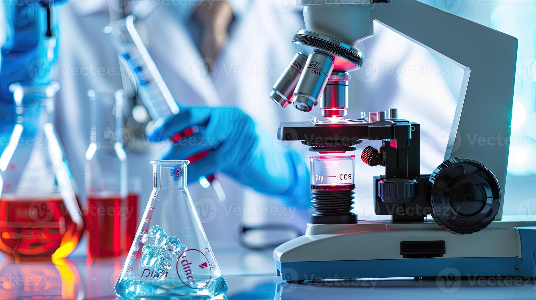 A person in a lab coat is looking at a microscope photo