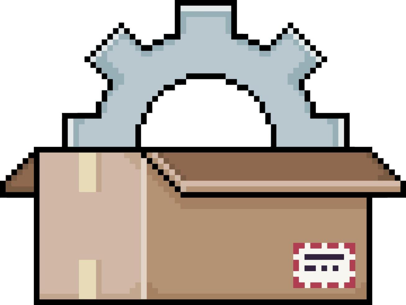 Pixel art cardboard box with gear in 8-bit style on white background vector