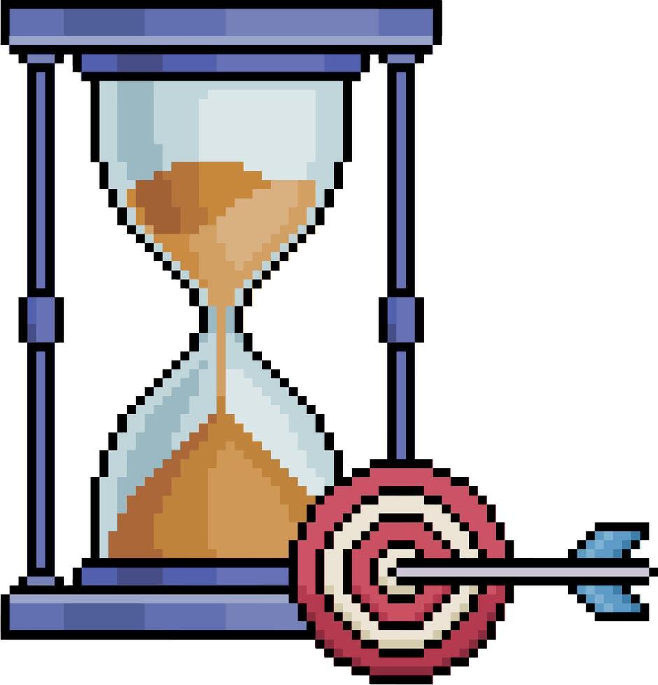 Pixel art hourglass with target and arrow in 8-bit style vector