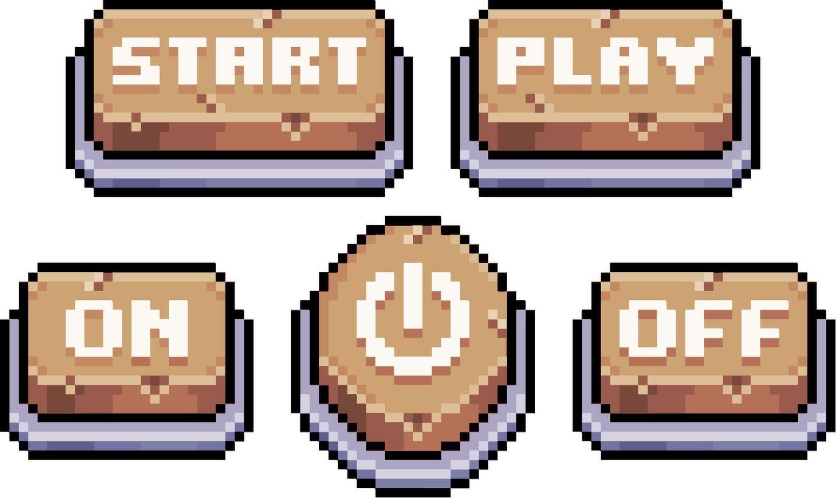 Pixel art of start, play, on and off buttons in wooden style and 8-bit game vector