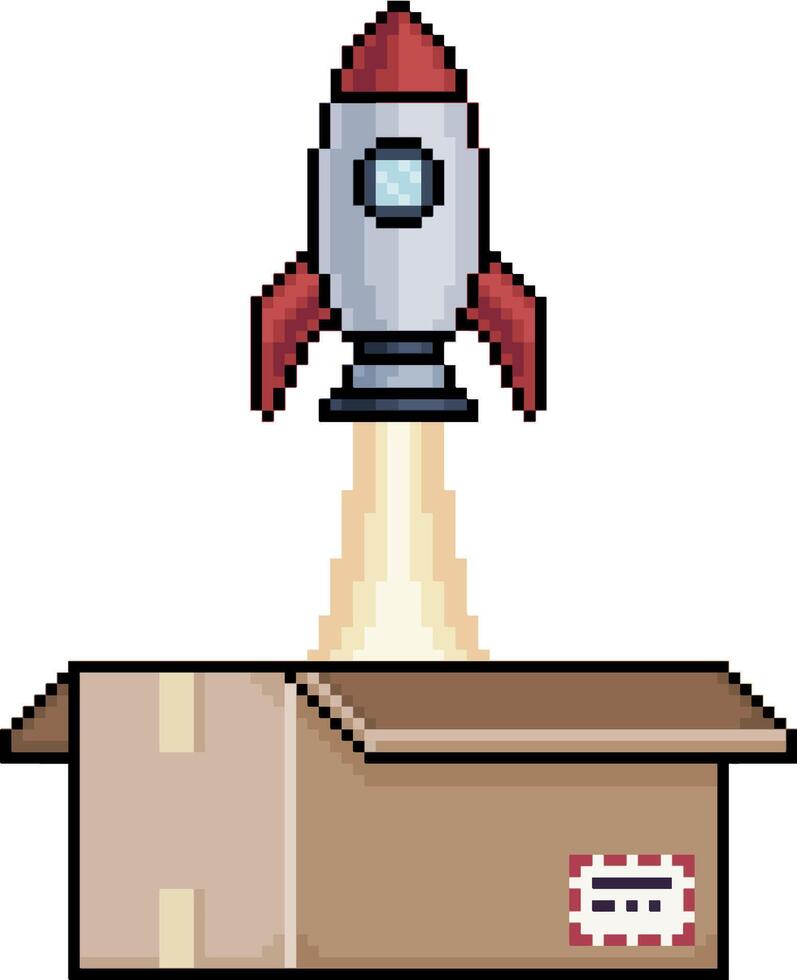 Pixel art rocket taking off from cardboard box in 8-bit style on white background, startup concept vector
