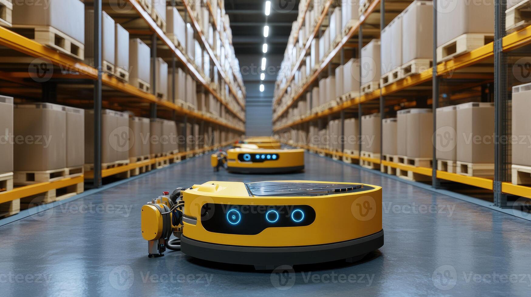A yellow robot is standing in a warehouse with boxes photo