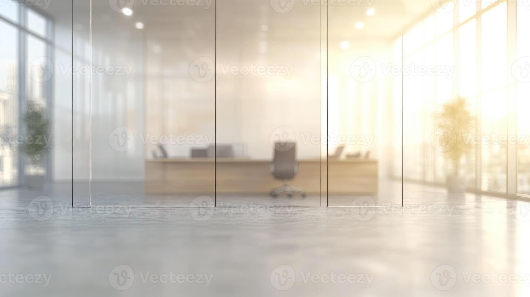 Empty office with large windows and a desk photo
