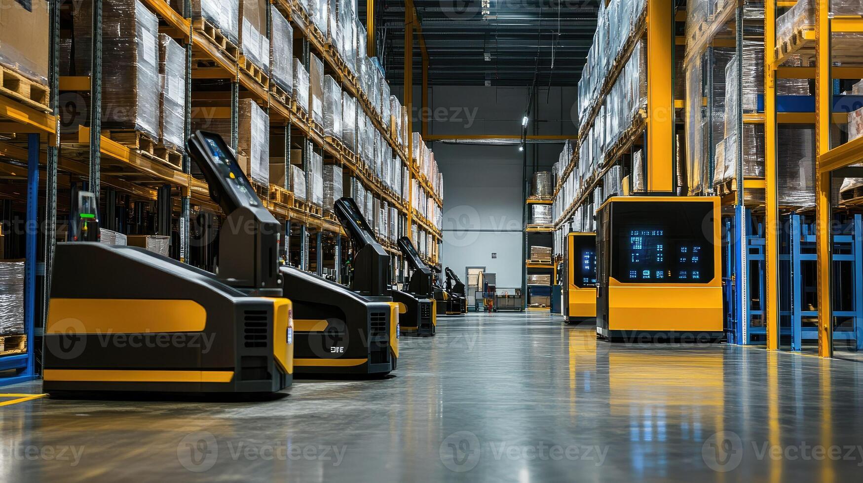 A warehouse with several robots and pallets photo