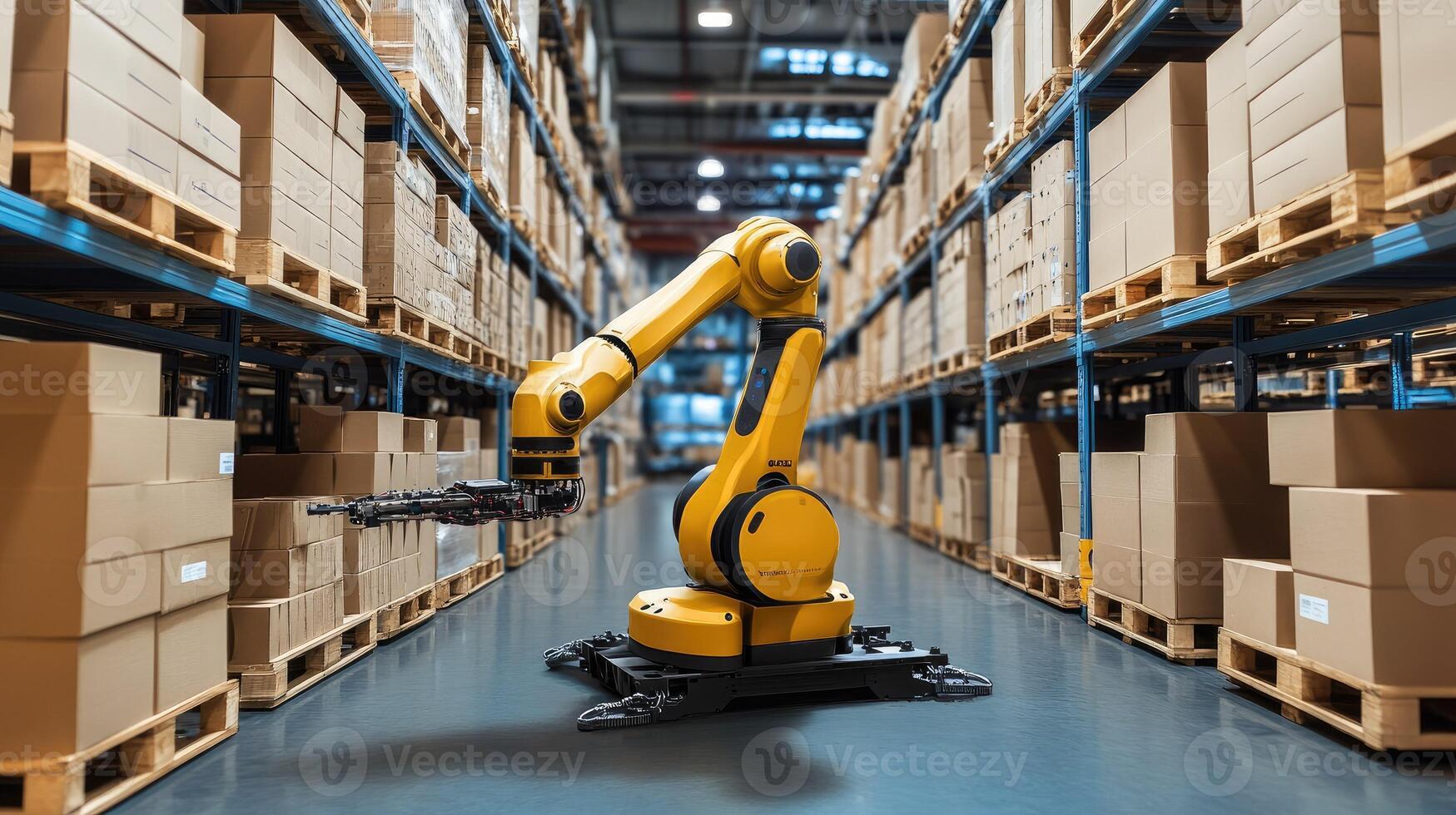 A robotic arm in a warehouse with boxes photo