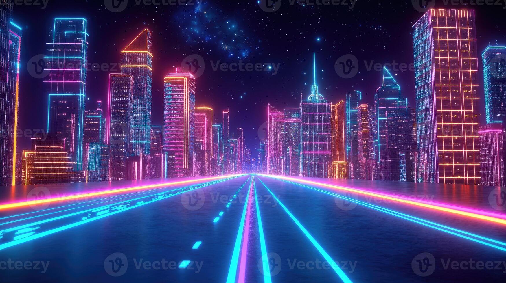 A futuristic city with neon lights and a road photo