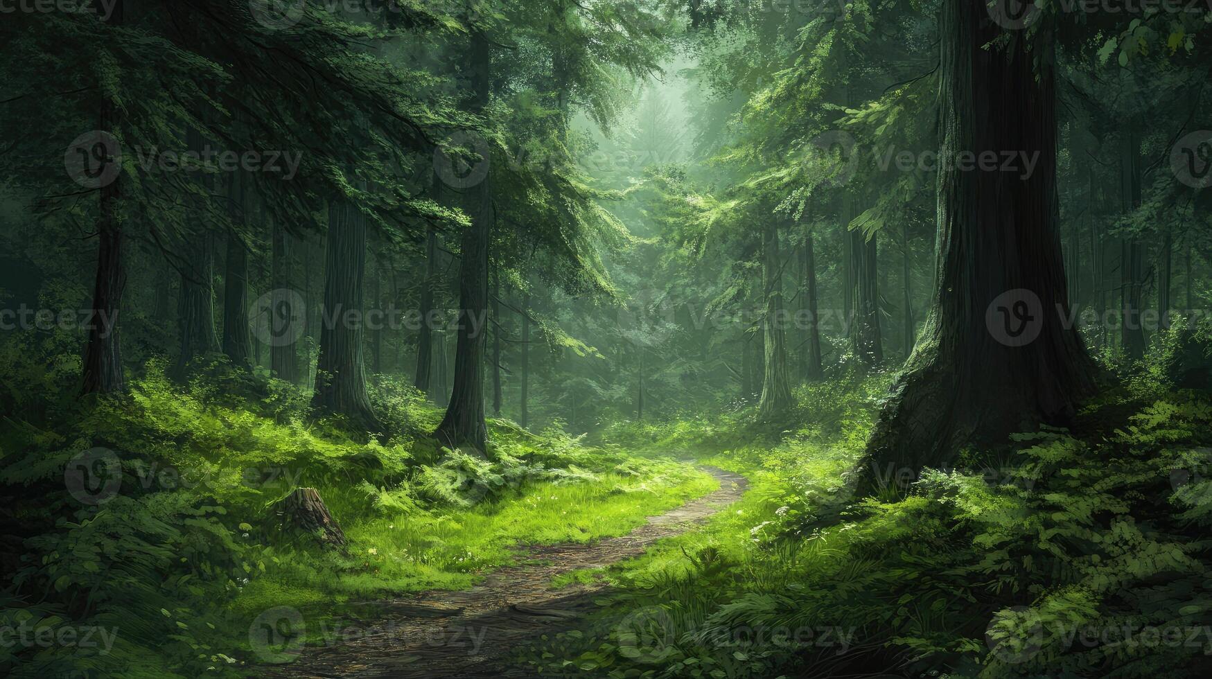 A path through a green forest with trees and grass photo