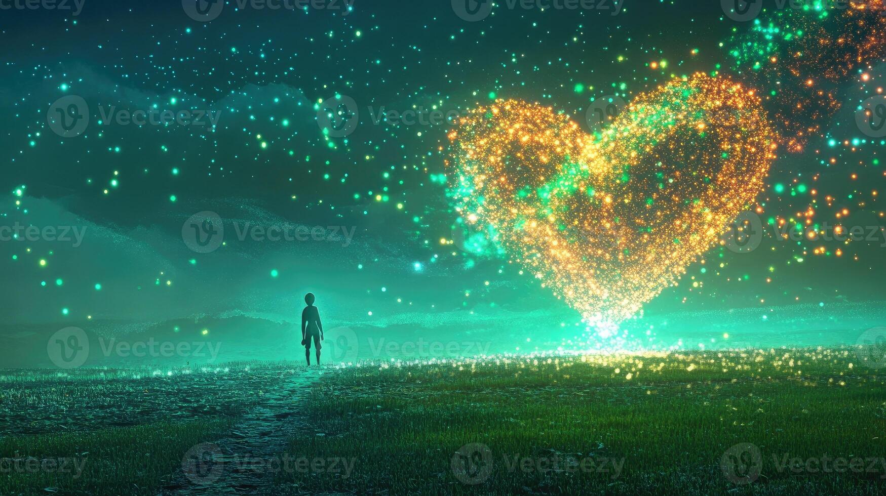 A person standing in front of a heart shaped glowing light photo