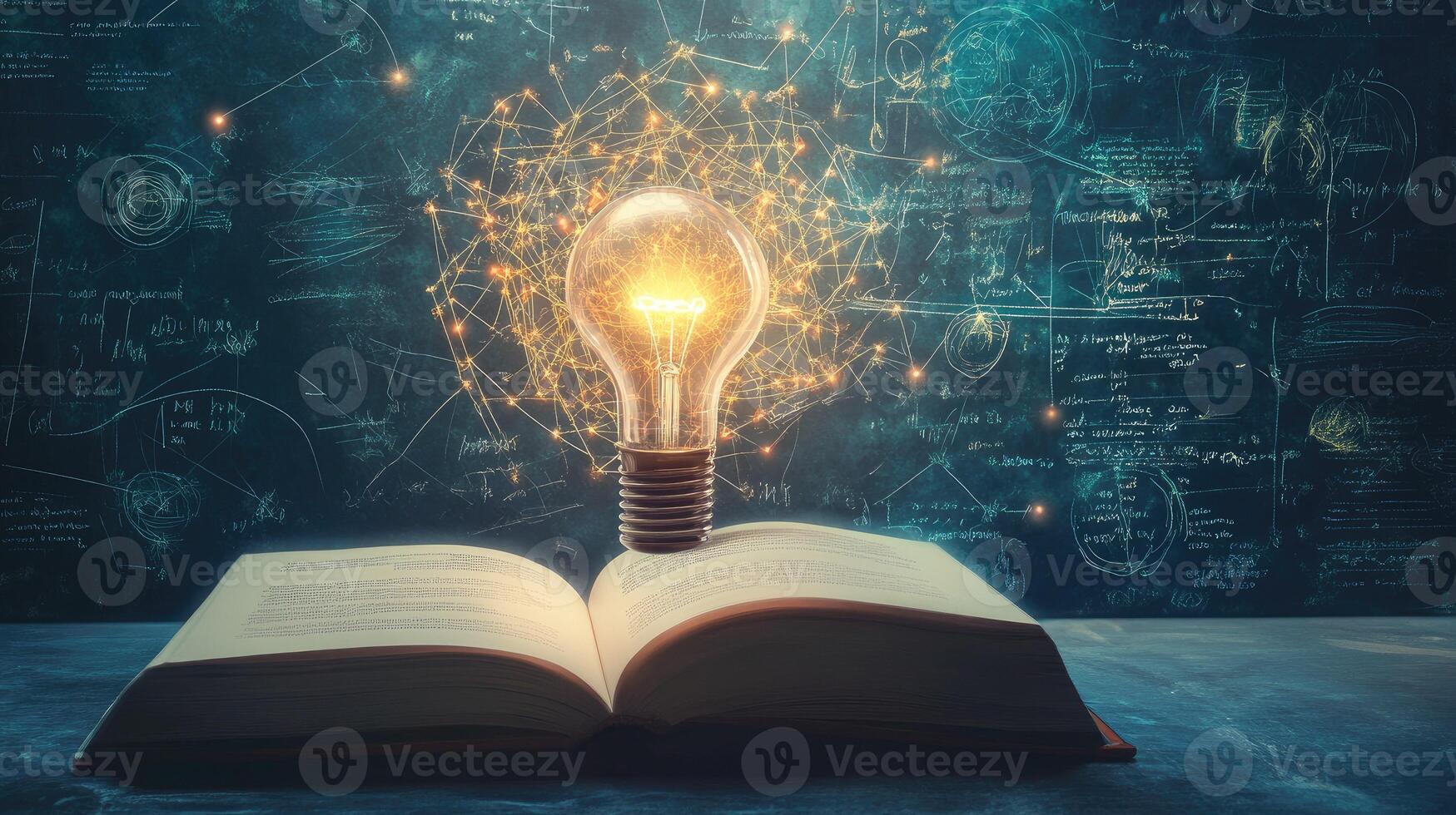 An open book with a light bulb on top of it and a mathematical formula on the background photo