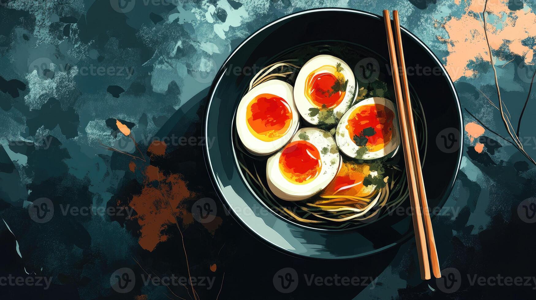 An artistic painting of a bowl of noodles with eggs photo