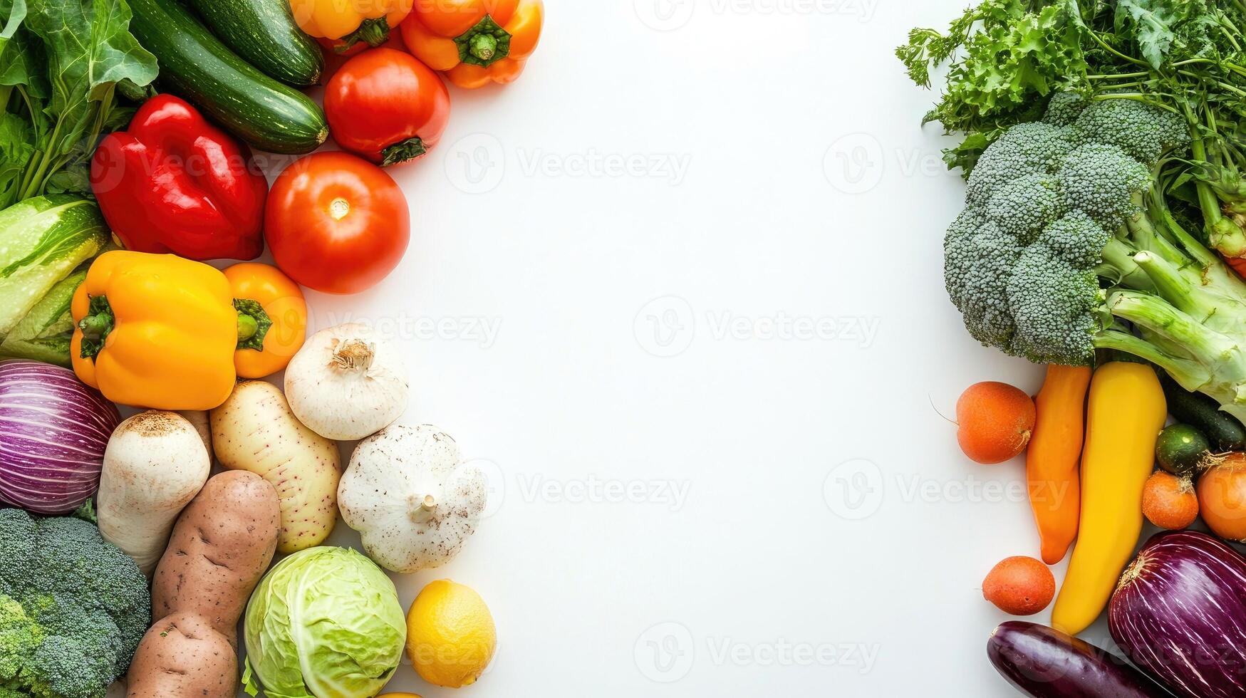 Fresh vegetables and fruits arranged in a frame on a white background photo