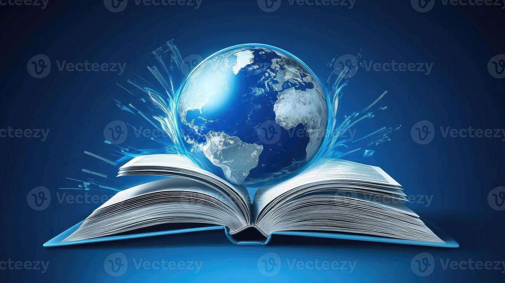 The world is inside an open book on a blue background photo