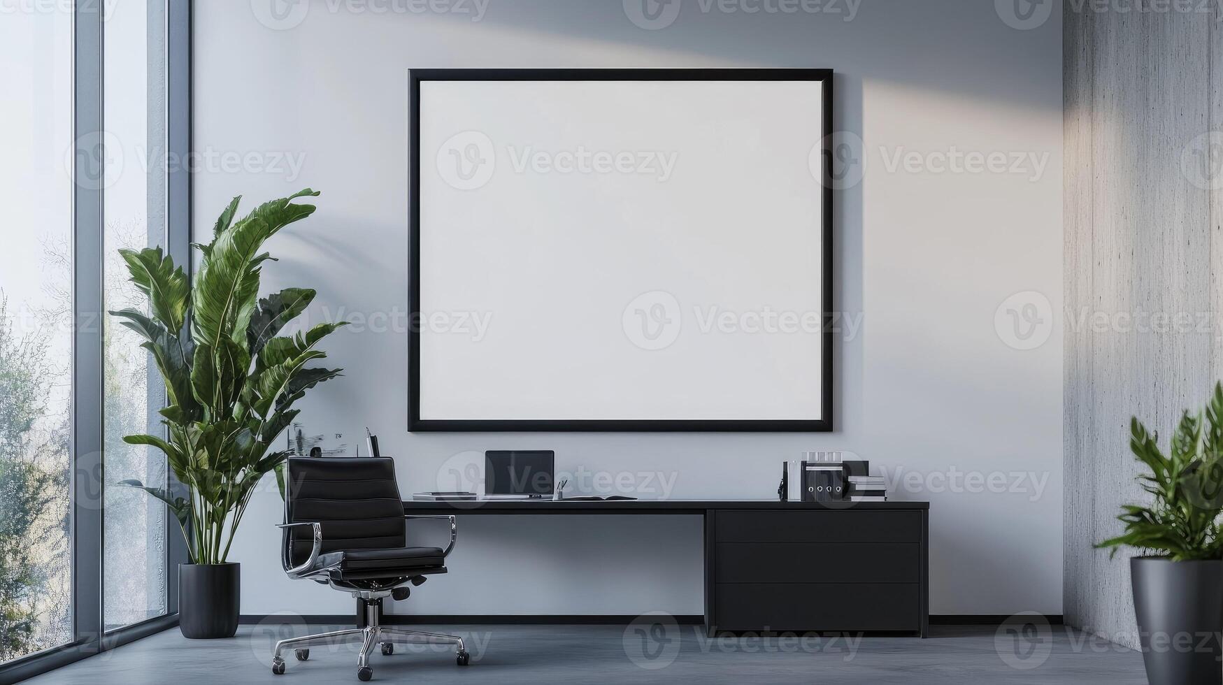Blank white frame in a modern office with a desk and potted plants photo