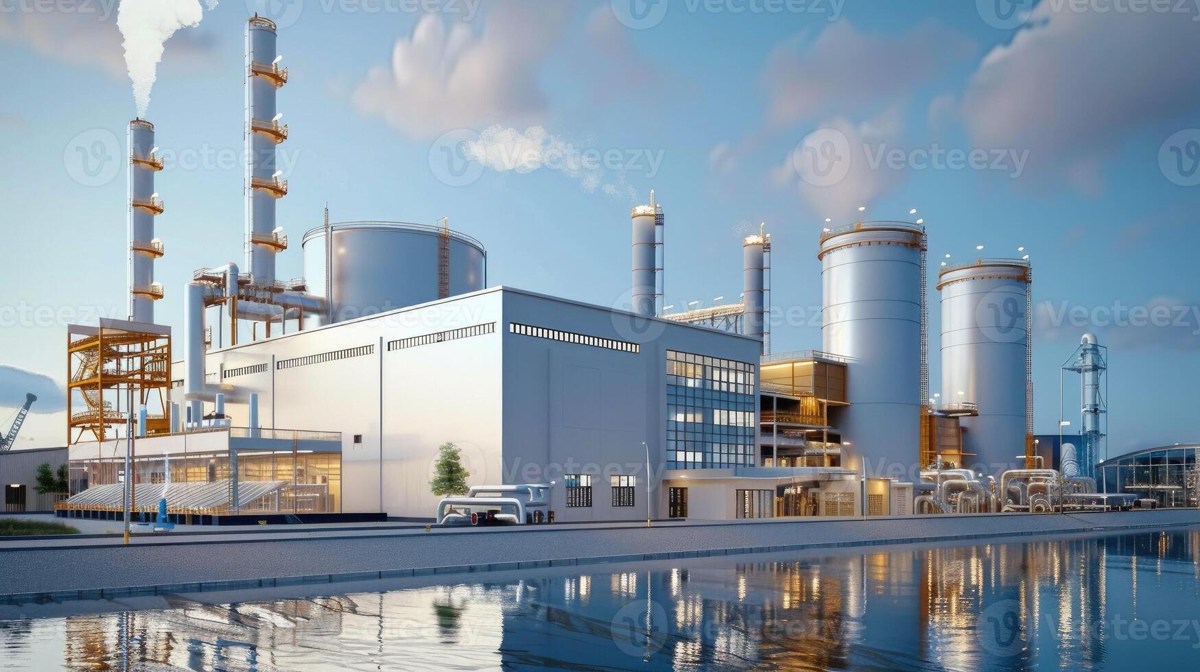 An industrial plant with smoke coming out of the chimneys photo
