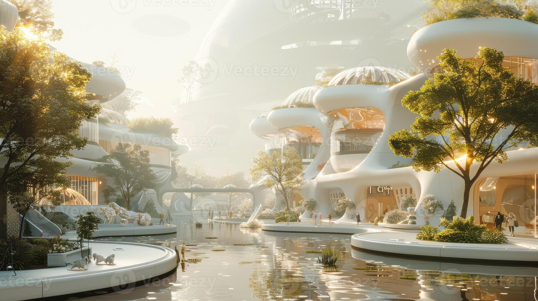 A futuristic city with a canal and a lot of people photo