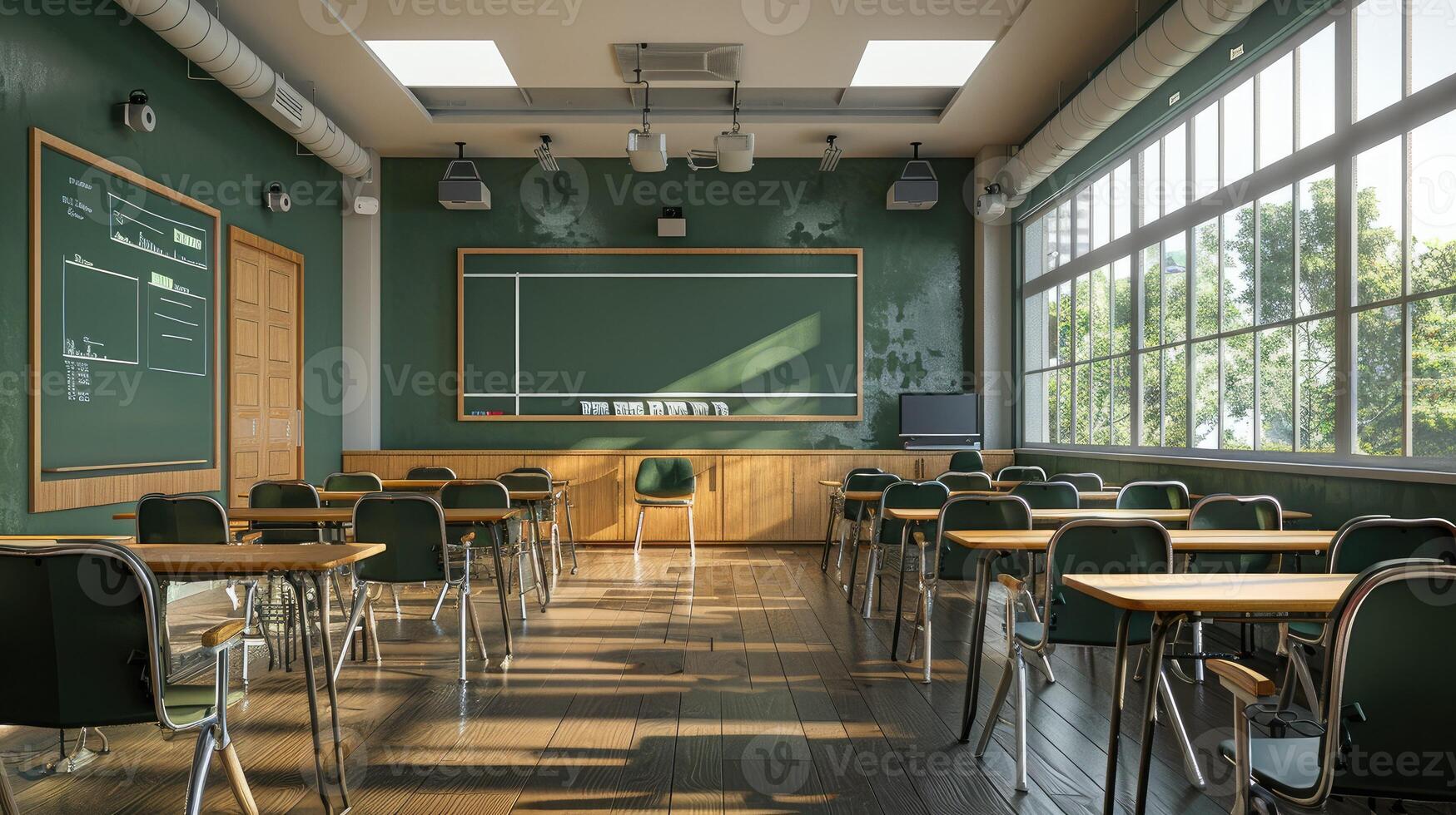 A classroom with green walls and wooden floors photo