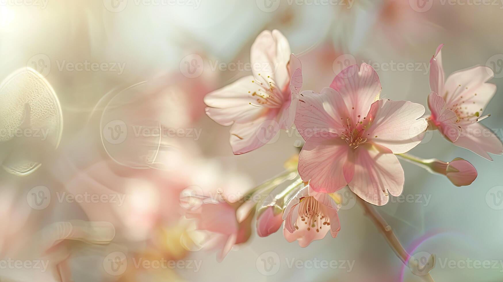 Pink cherry blossoms are shown in a blurry photo