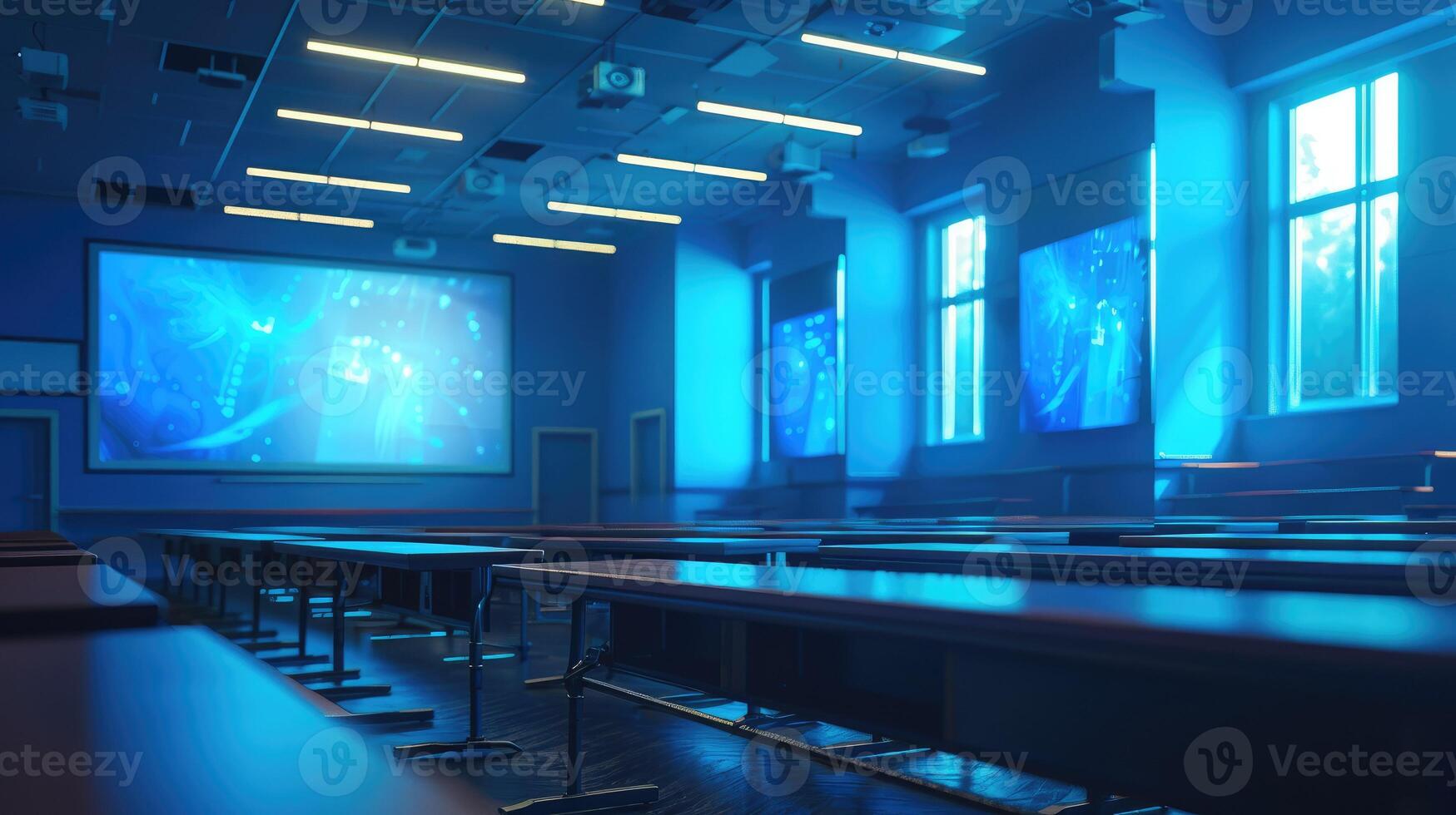 A large empty classroom with blue lights photo
