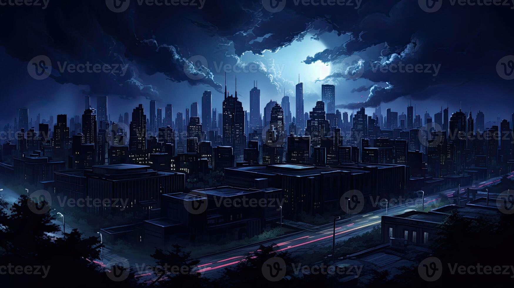 An illustration of a city at night photo