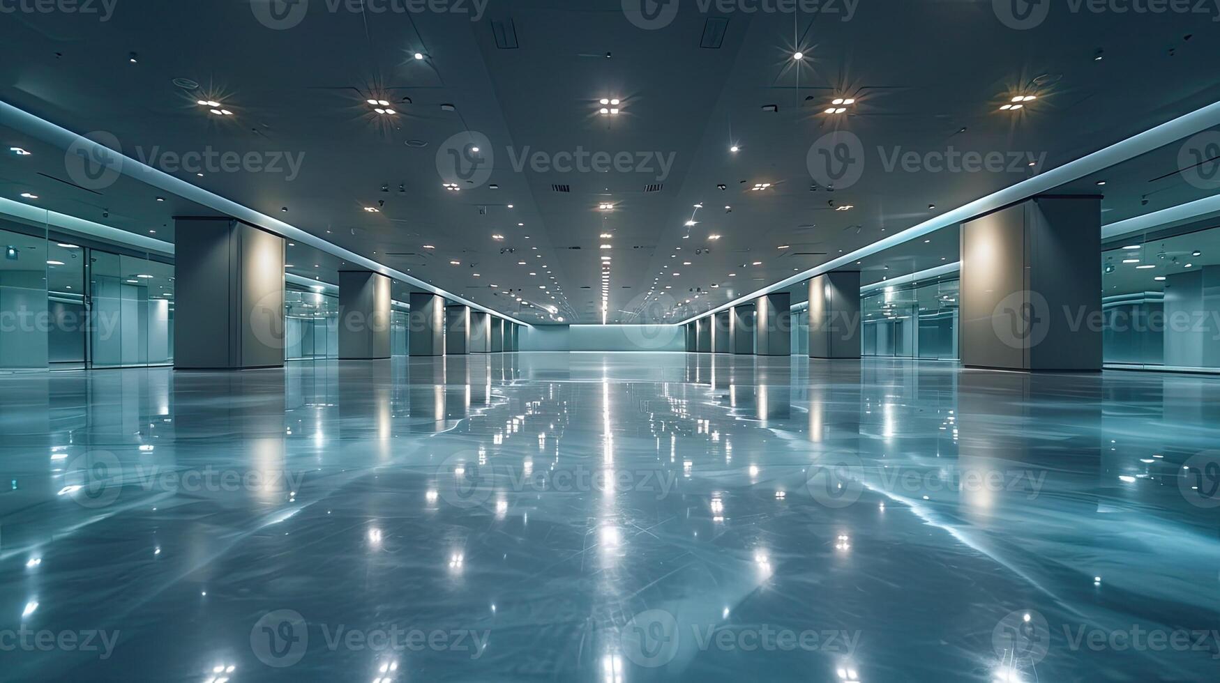 An empty room with a shiny floor and lights photo