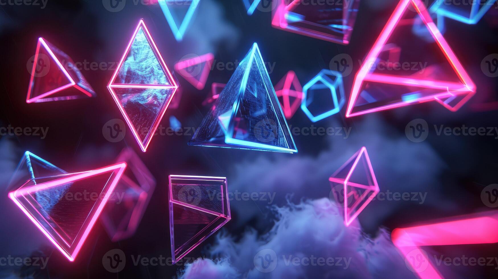 3d rendering of neon triangles in the sky photo