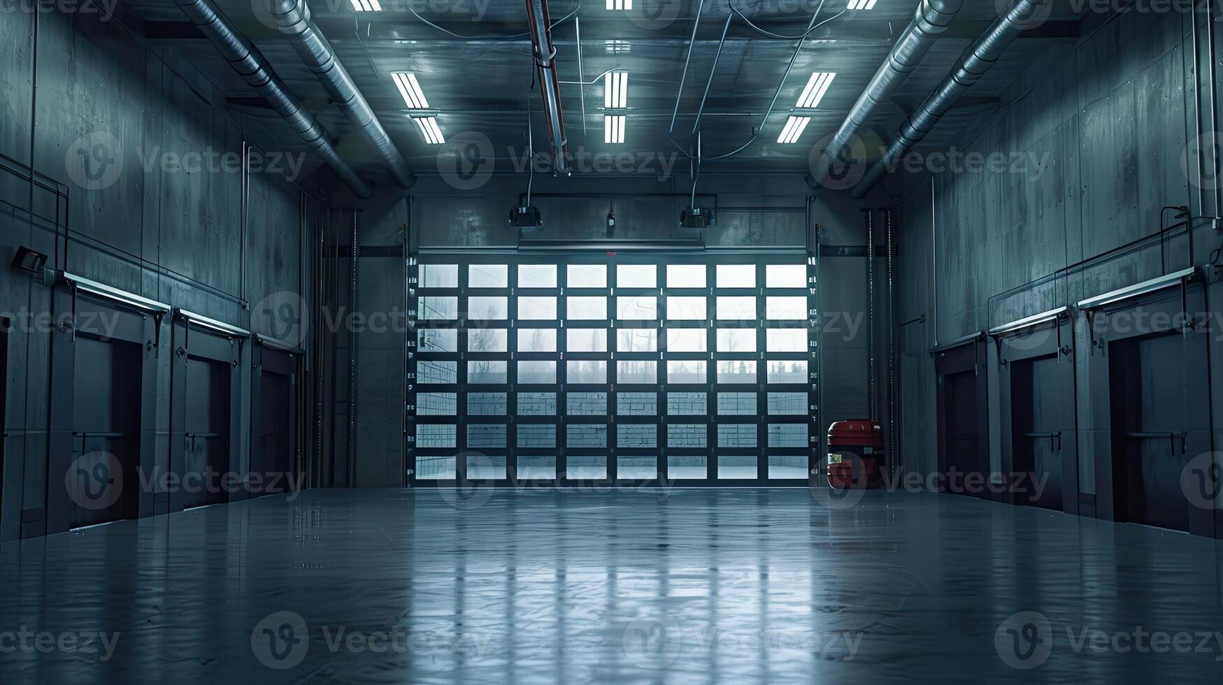 An empty warehouse with a large door and lights photo
