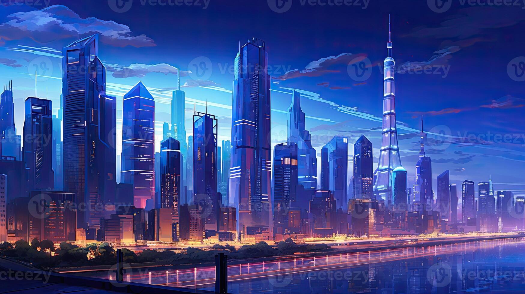 Anime cityscape with skyscrapers and water photo