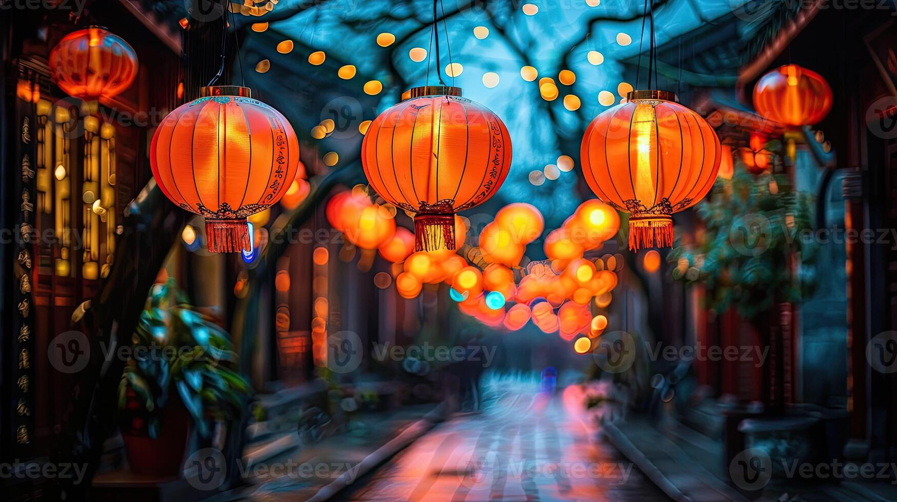 Chinese lanterns hanging from a street in a city photo