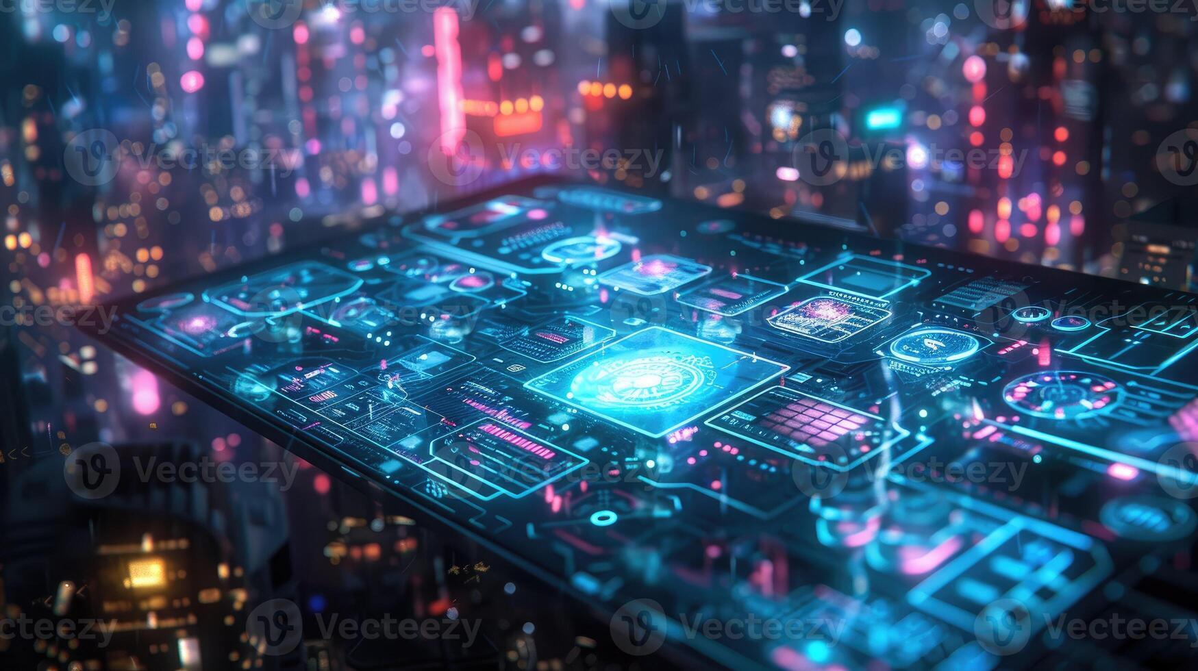 A futuristic cityscape with a futuristic device on it photo