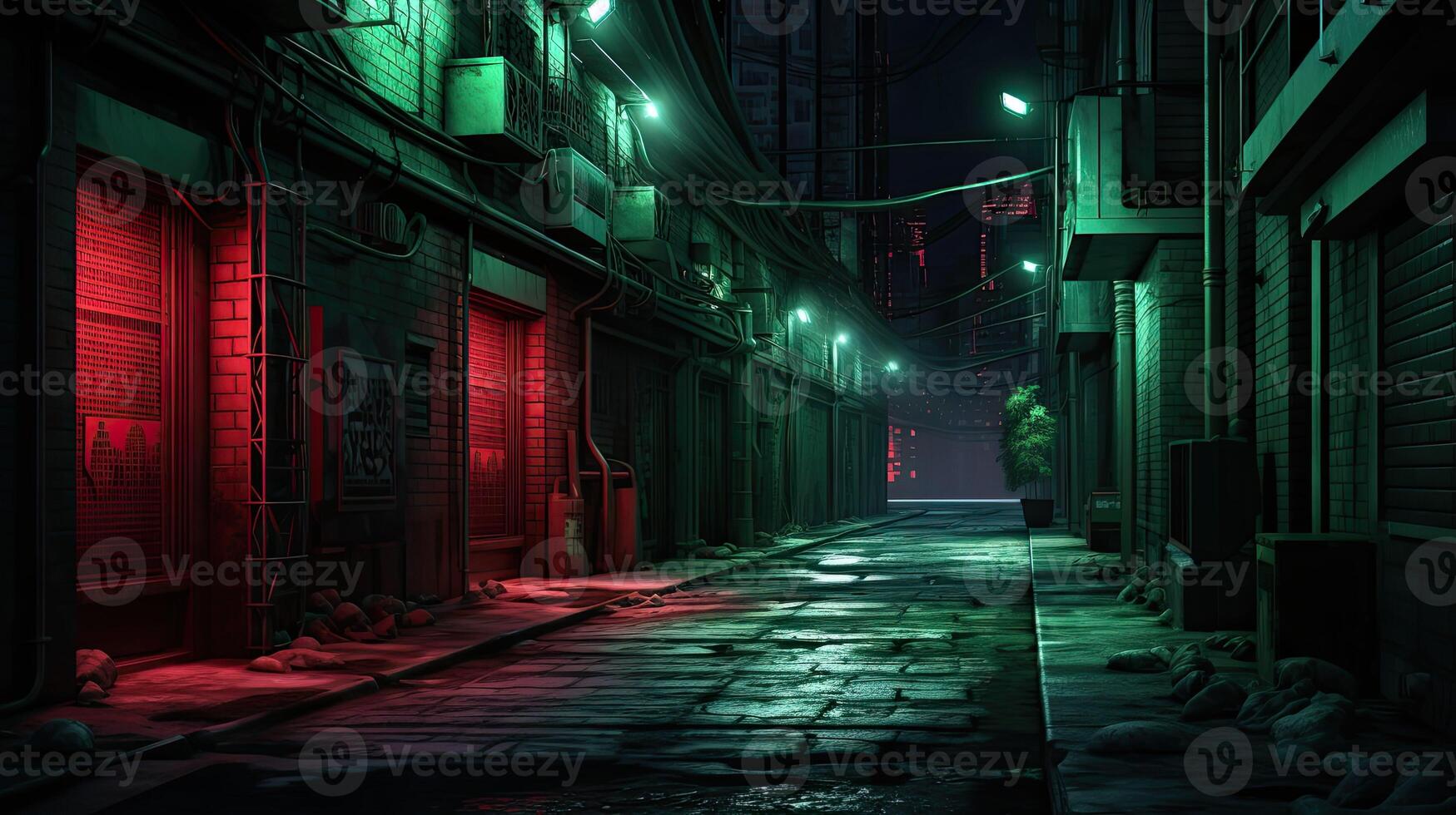 An alley at night with red and green lights photo