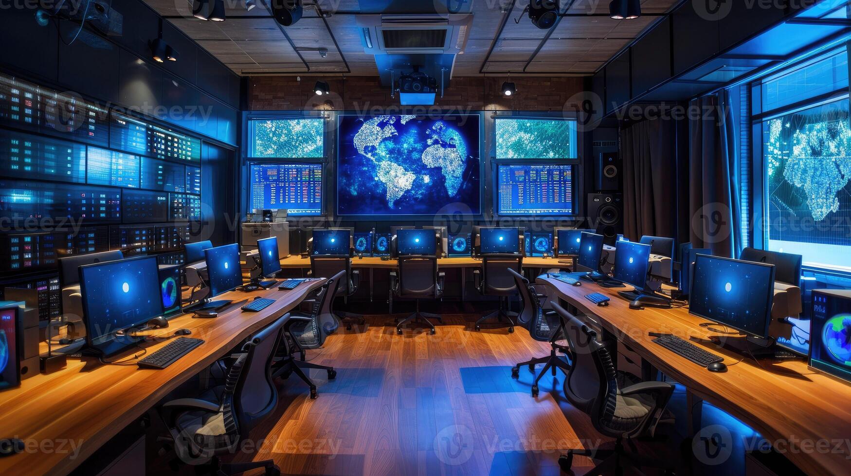 A room with several computers and monitors on the wall photo
